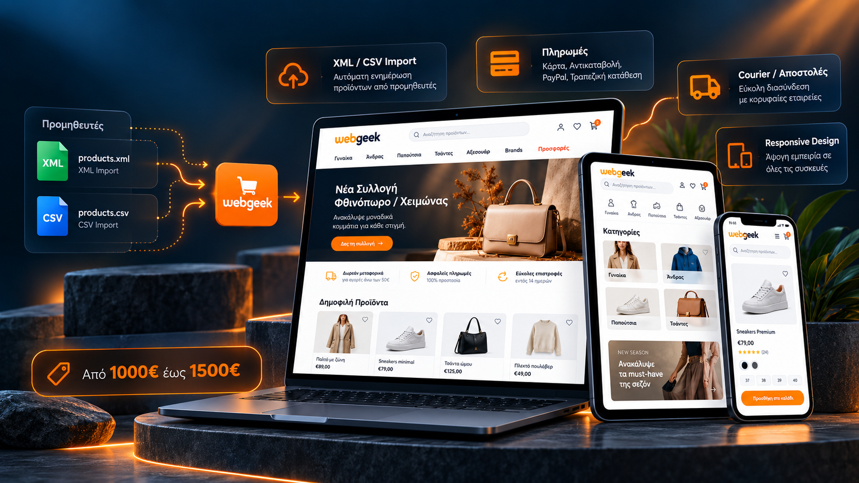 Responsive ηλεκτρονικό κατάστημα με XML CSV import, πληρωμές και αποστολές